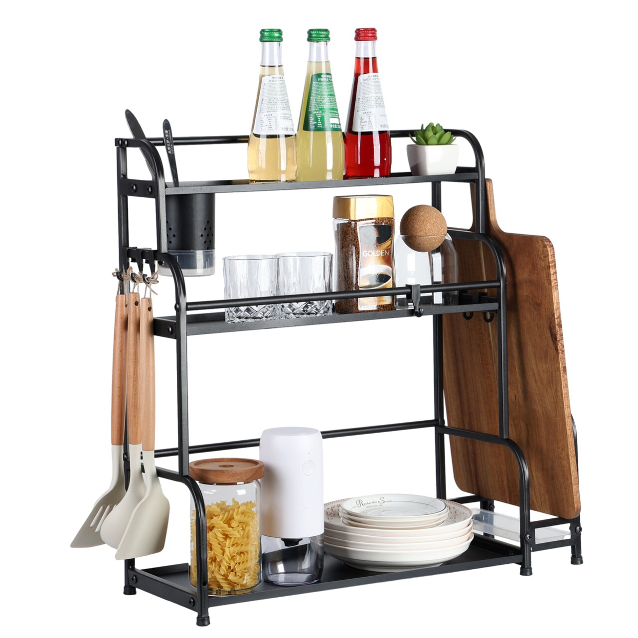 57Cm Standing Spice Rack Kitchen Countertop Shelf With Stepped Design Spice Organizer And Hooks Utensil Holder Chopping